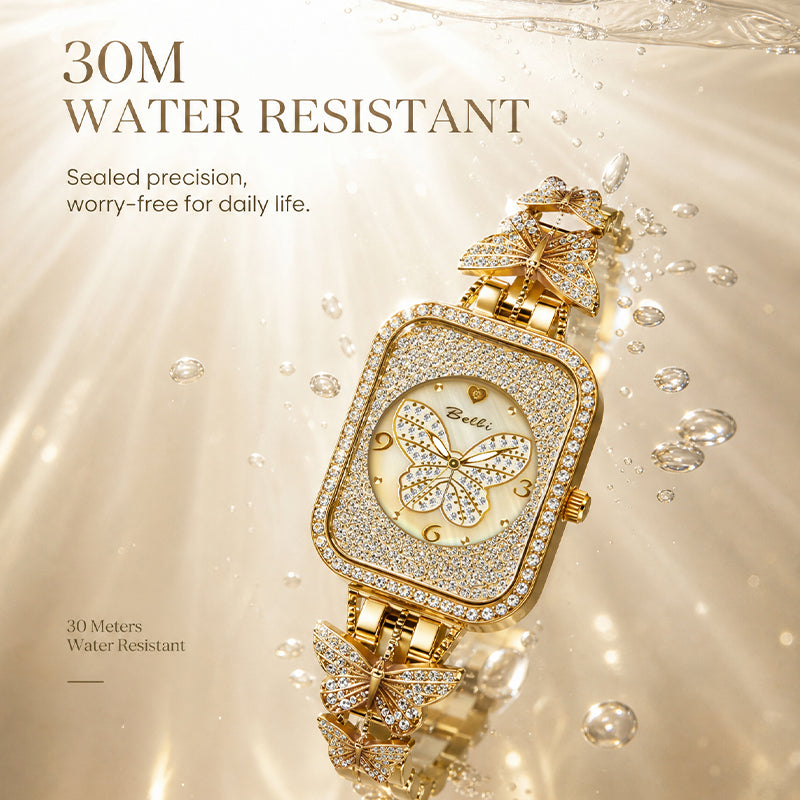 BELBI BL8214 Quartz Watch - Live Edition Luxury Full IPG Gold Crystal Pavé Butterfly Motif Mother-of-Pearl Dial Jewelry Bangle Bracelet Wristwatch