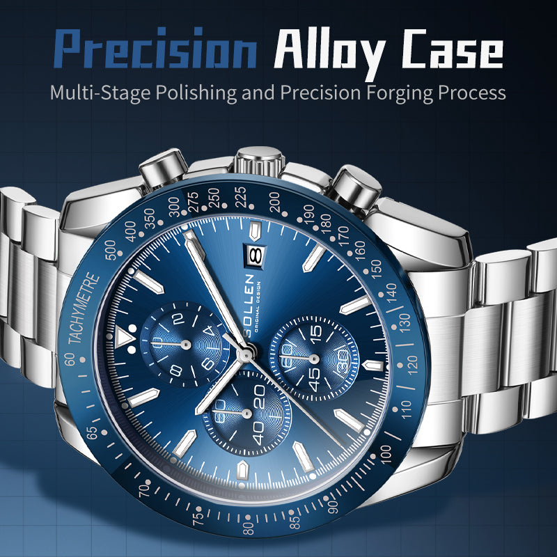 Sollen SL726 Chronograph Watch - Men's Multi-Function Stainless Steel Link Bracelet Wristwatch