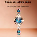 Sollen SL470 Quartz Watch - Women's Oval Peacock Blue Dial Faceted Prismatic Glass Jewelry Bracelet Wristwatch