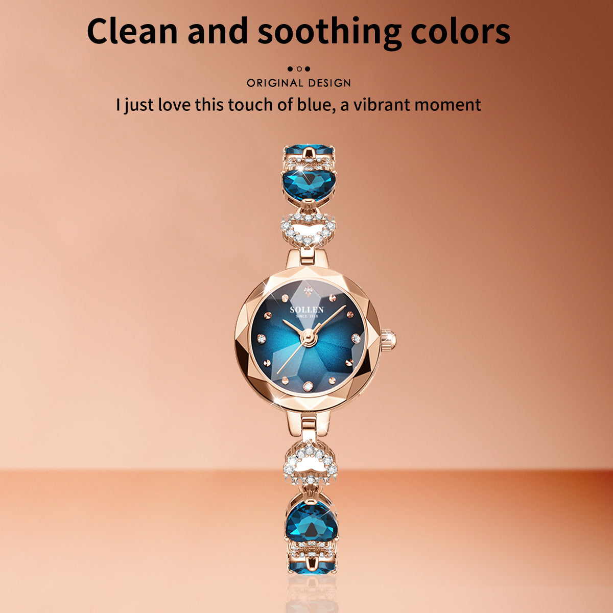 Sollen SL470 Quartz Watch - Women's Oval Peacock Blue Dial Faceted Prismatic Glass Jewelry Bracelet Wristwatch
