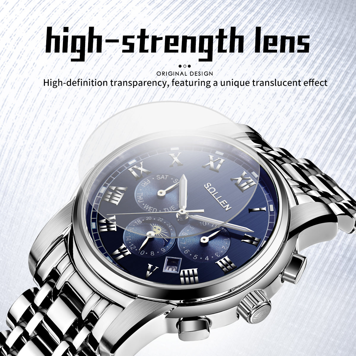 Sollen SL801 Chronograph Watch - Men's Multi-Function Moonphase Sunburst Dial 7-Bead Stainless Steel Bracelet Wristwatch