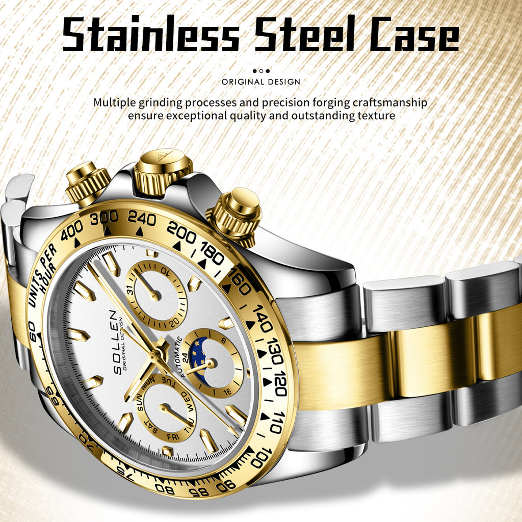 Sollen SL808 Multi-Function Watch - Men's Moonphase Sunray Dial Luminous Markers 3-Bead Stainless Steel Bracelet Wristwatch
