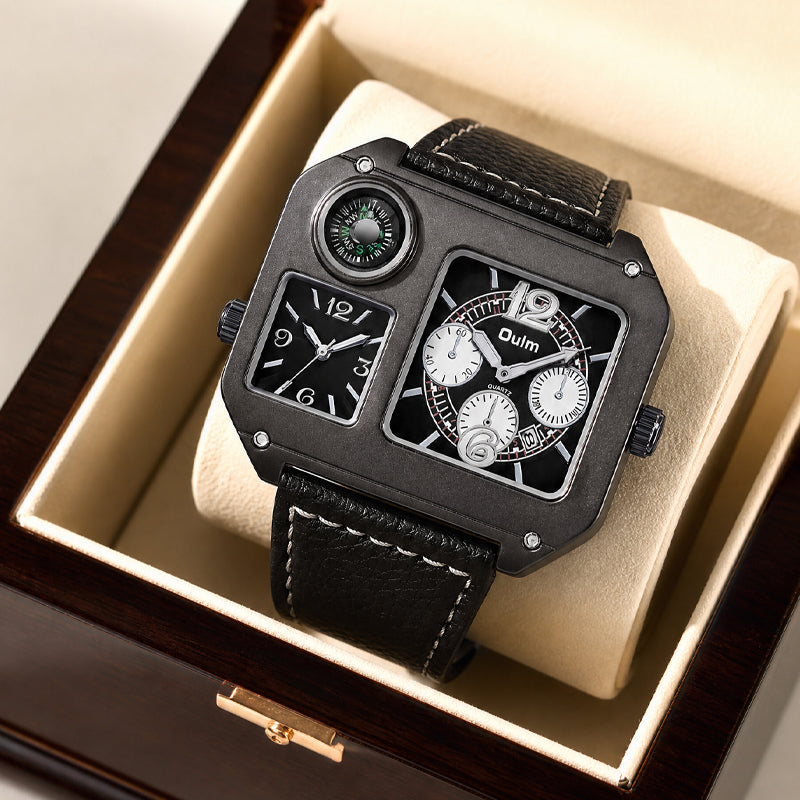 Oulm HP9150 Quartz Watch - Live Edition Men's Heavy Steampunk Dual Time Zone Industrial Black Case Luminous Hands Compass Wide Leather Strap Tactical Wristwatch