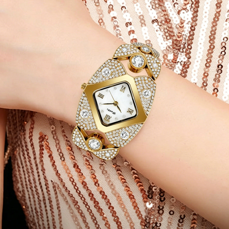 BELBI BL8113 Quartz Watch - Live Edition Women's Luxury Full IPG Gold Crystal Pavé Ornate Shield Case Mother-of-Pearl Dial Jewelry Bracelet Wristwatch