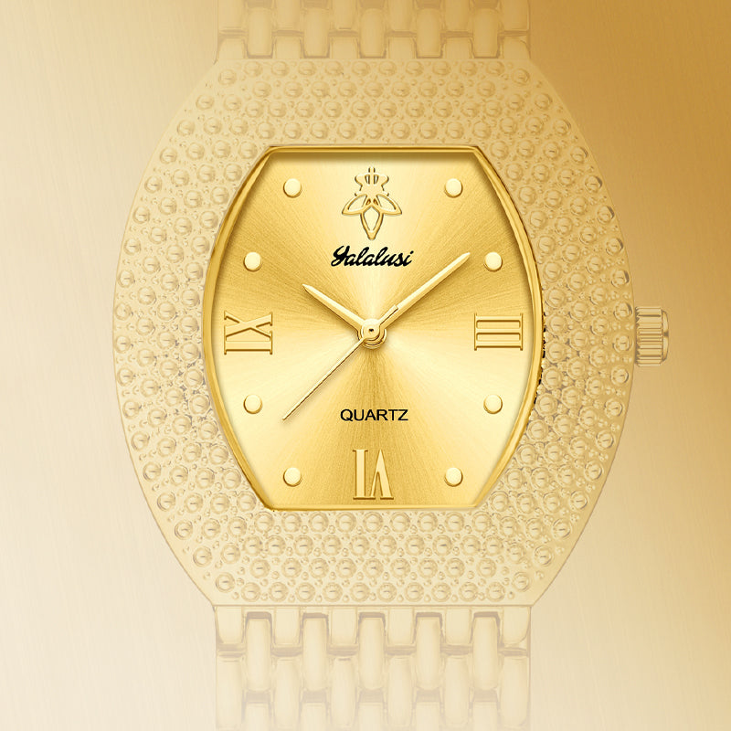 LX1023 Quartz Watch - Live Edition Unisex Luxury 41mm Tonneau Arched Bridge Glass Mirror Pavé Crystal Texture Gold Case Sunburst Dial Luminous Hands Steel Link Bracelet Wristwatch