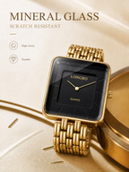 LONGBO LB83810 Quartz Watch - Live Edition Men's & Women‘s Minimalist 38mm Square Case 2-Hand Dress Timepiece Full IPB Gold Finish Multi-Bead Steel Link Bracelet Wristwatch