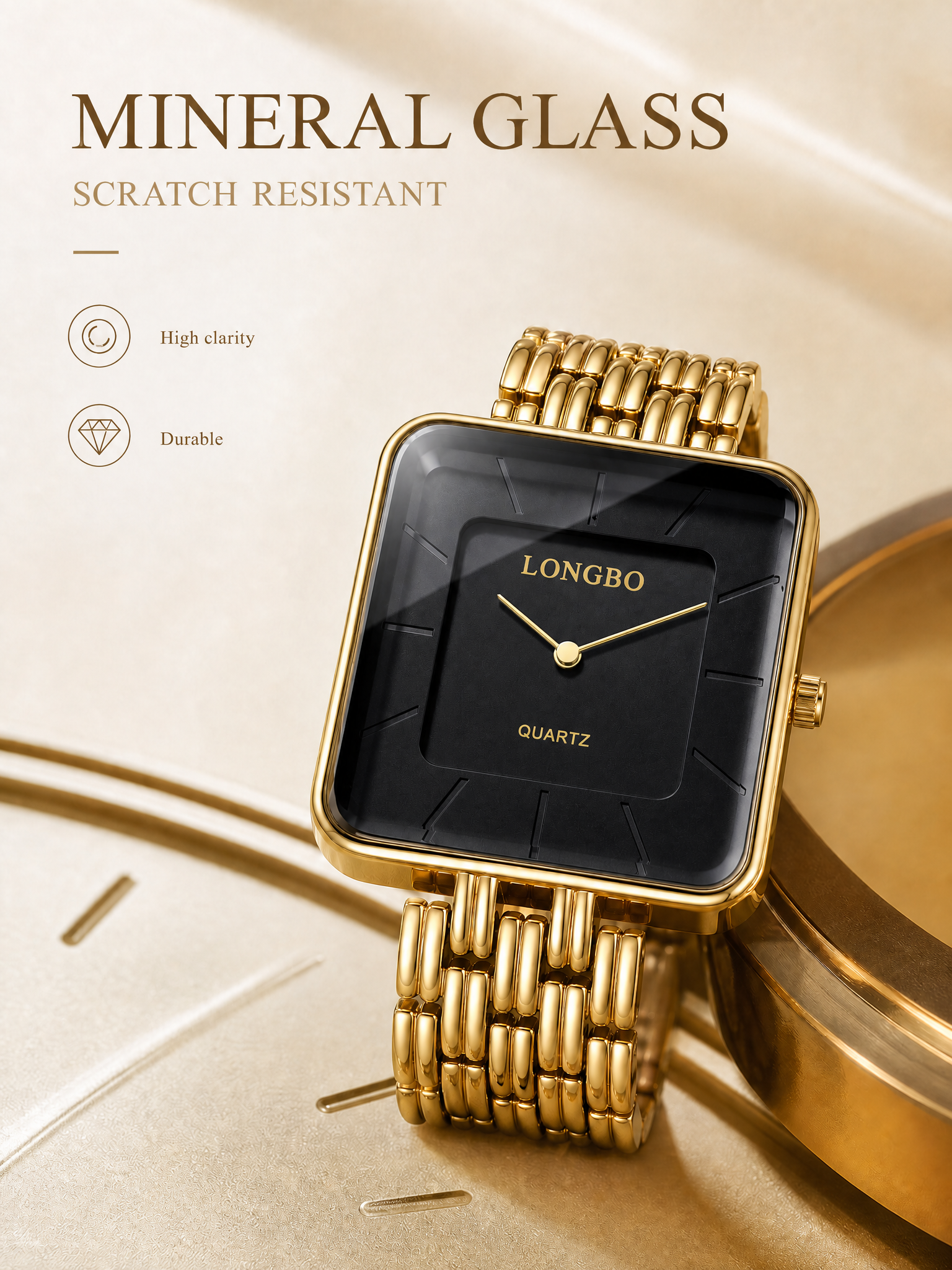 LONGBO LB83810 Quartz Watch - Live Edition Men's & Women‘s Minimalist 38mm Square Case 2-Hand Dress Timepiece Full IPB Gold Finish Multi-Bead Steel Link Bracelet Wristwatch