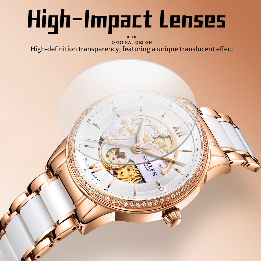 Sollen SL412 Women's Skeleton Automatic Watch - 36.5mm Crystal Bezel Sapphire Crystal Miyota 82S0 Ceramic Bracelet Wristwatch