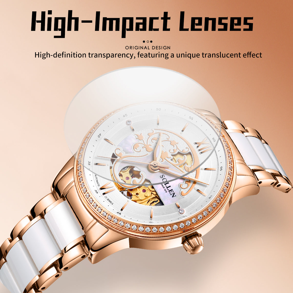 Sollen SL412 Women's Skeleton Automatic Watch - 36.5mm Crystal Bezel Sapphire Crystal Miyota 82S0 Ceramic Bracelet Wristwatch