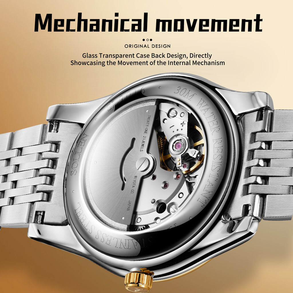 Sollen 9016 Automatic Watch - Men's Full Day Date Sunray Dial 9-Bead Stainless Steel Bracelet Wristwatch