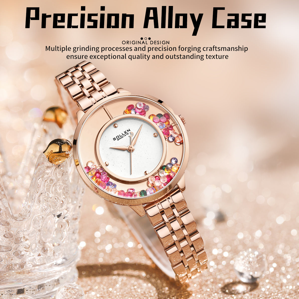 Sollen SL455 Quartz Watch - Women's Stainless Steel Bracelet Starry Enamel Dial with Floating Beads
