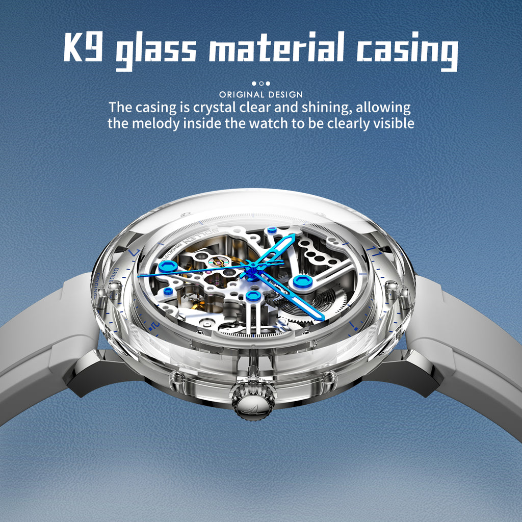 Sollen SL320 Men's Full Skeleton Automatic Mechanical Watch - 42mm K9 Glass Case Sandblasted Open Dial Fluororubber Strap Wristwatch