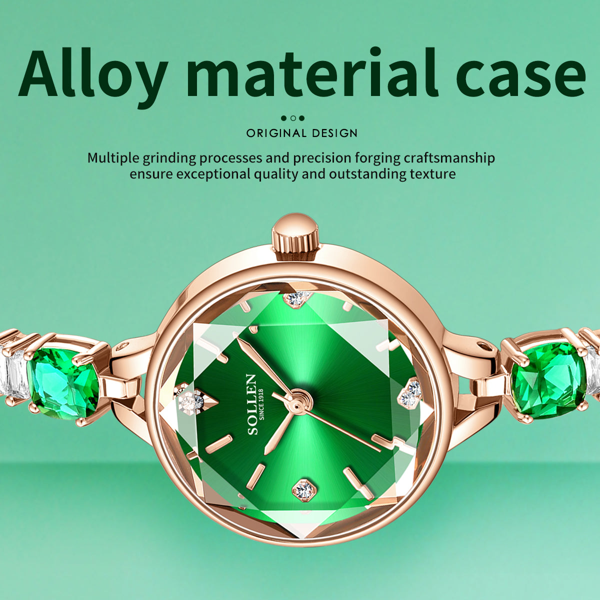 Sollen SL478 Quartz Watch - Women's Rose Gold Ice Green Dial Prismatic Glass Jewelry Bracelet Wristwatch