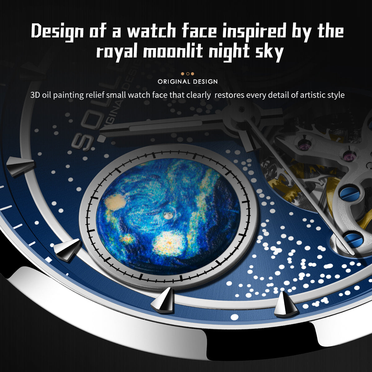 Sollen SL332 Men's Open Heart Automatic Mechanical Watch - 41mm Stainless Steel Case Sapphire Crystal Moon Phase Dual Time Leather Strap Wristwatch