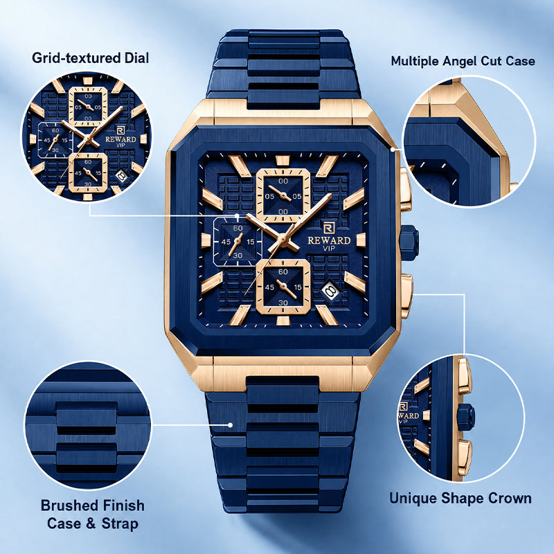 REWARD RD 813149M Quartz Watch - Live Edition Men's Luxury Octagonal Cushion Case Full Chronograph Luminous Hands Date Window Stainless Steel Band Wristwatch