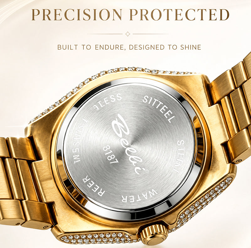BELBI BELBL-8137 Live Edition Men's Iced Out Watch - Luxury Full Crystals Encrusted Round Case Pave Dial Ruby Red Indices 3H Date Metal Band Hiphop Wristwatch