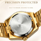 BELBI BELBL-8137 Live Edition Men's Iced Out Watch - Luxury Full Crystals Encrusted Round Case Pave Dial Ruby Red Indices 3H Date Metal Band Hiphop Wristwatch