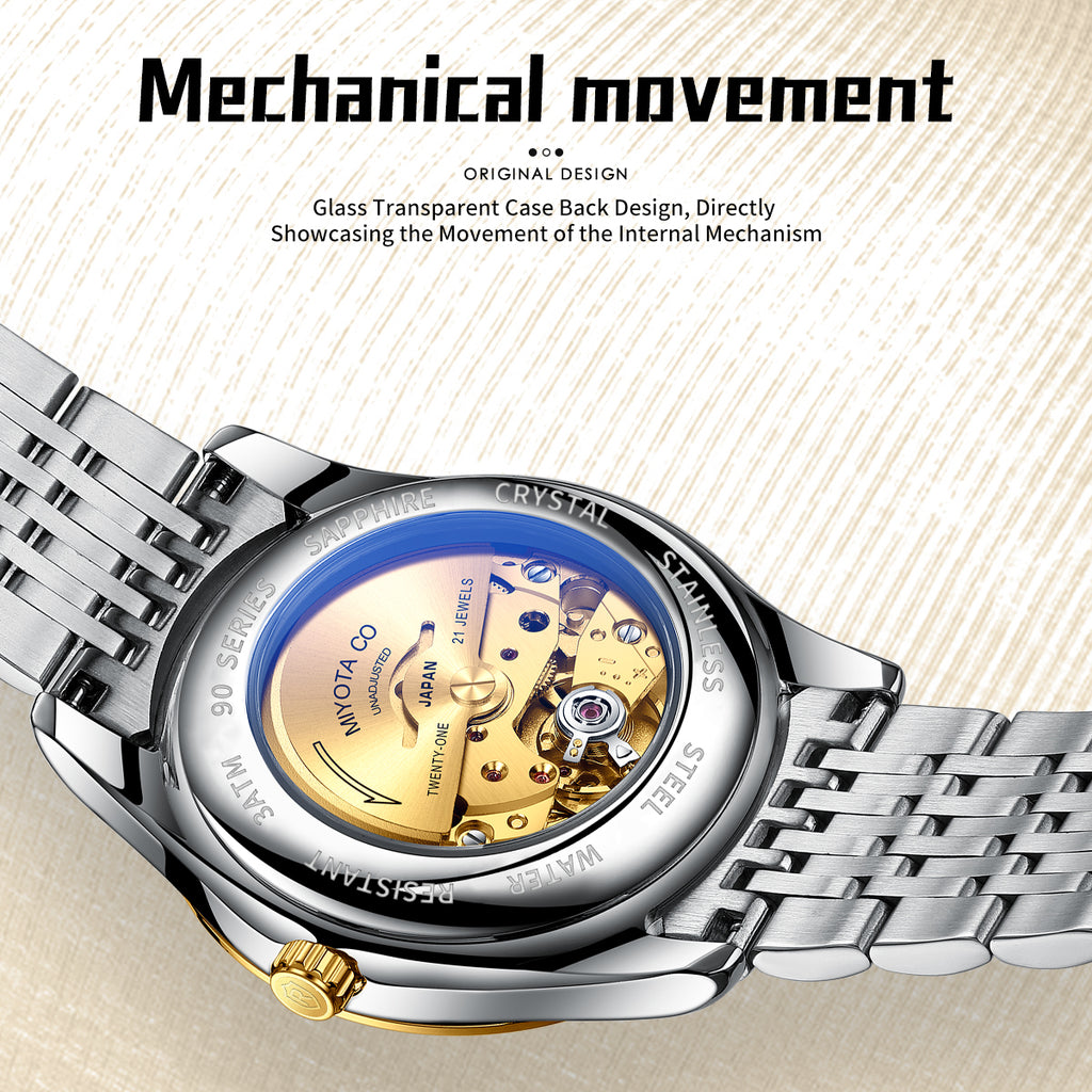 Sollen 9031 Automatic Watch - Men's Sunray Dial Luminous Markers 9-Bead Stainless Steel Bracelet Wristwatch