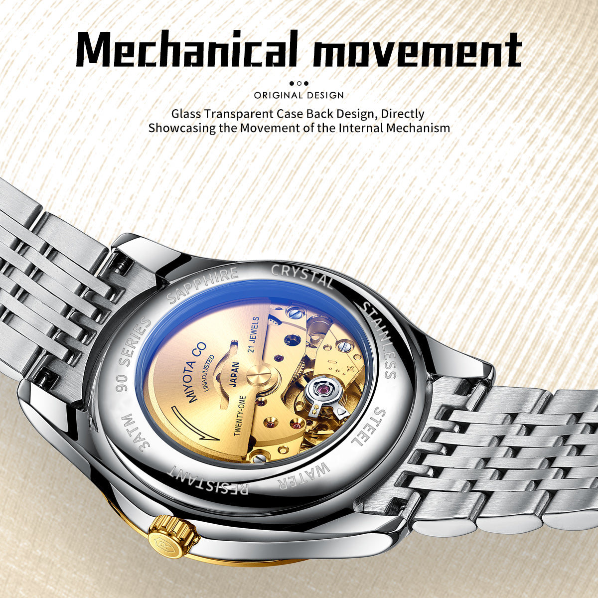 Sollen 9031 Automatic Watch - Men's Sunray Dial Luminous Markers 9-Bead Stainless Steel Bracelet Wristwatch