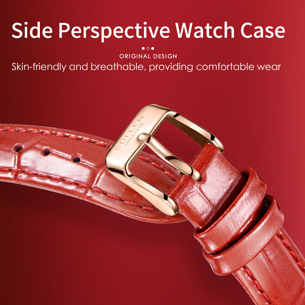 Sollen SL433 Women's Quartz Watch - 33.5x38mm Spinning Four-Leaf Clover Dial Crystal Bezel Genuine Leather Strap Wristwatch