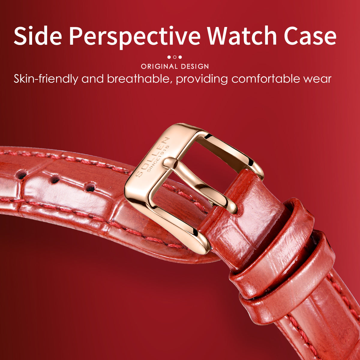 Sollen SL433 Women's Quartz Watch - 33.5x38mm Spinning Four-Leaf Clover Dial Crystal Bezel Genuine Leather Strap Wristwatch