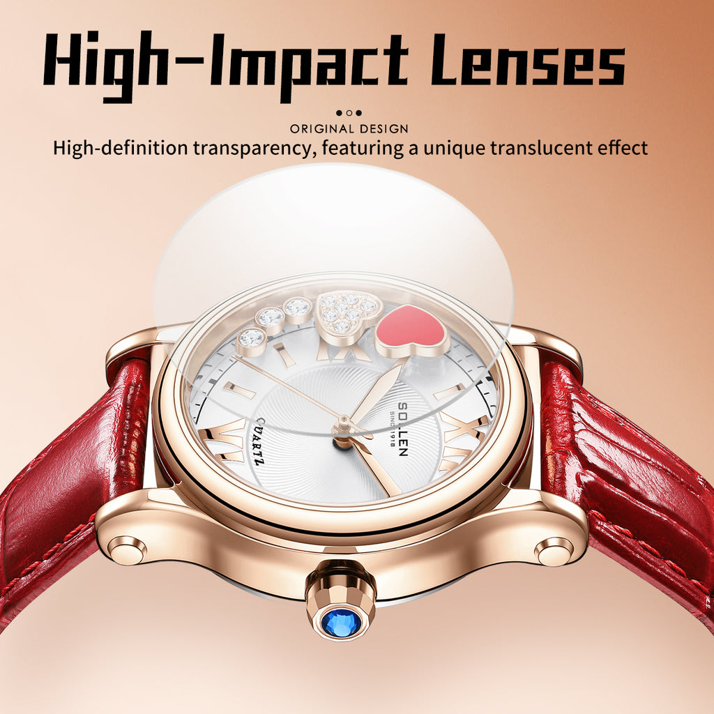 Sollen SL456 Quartz Watch - Women's Genuine Leather Round Wristwatch with Floating Heart Charms