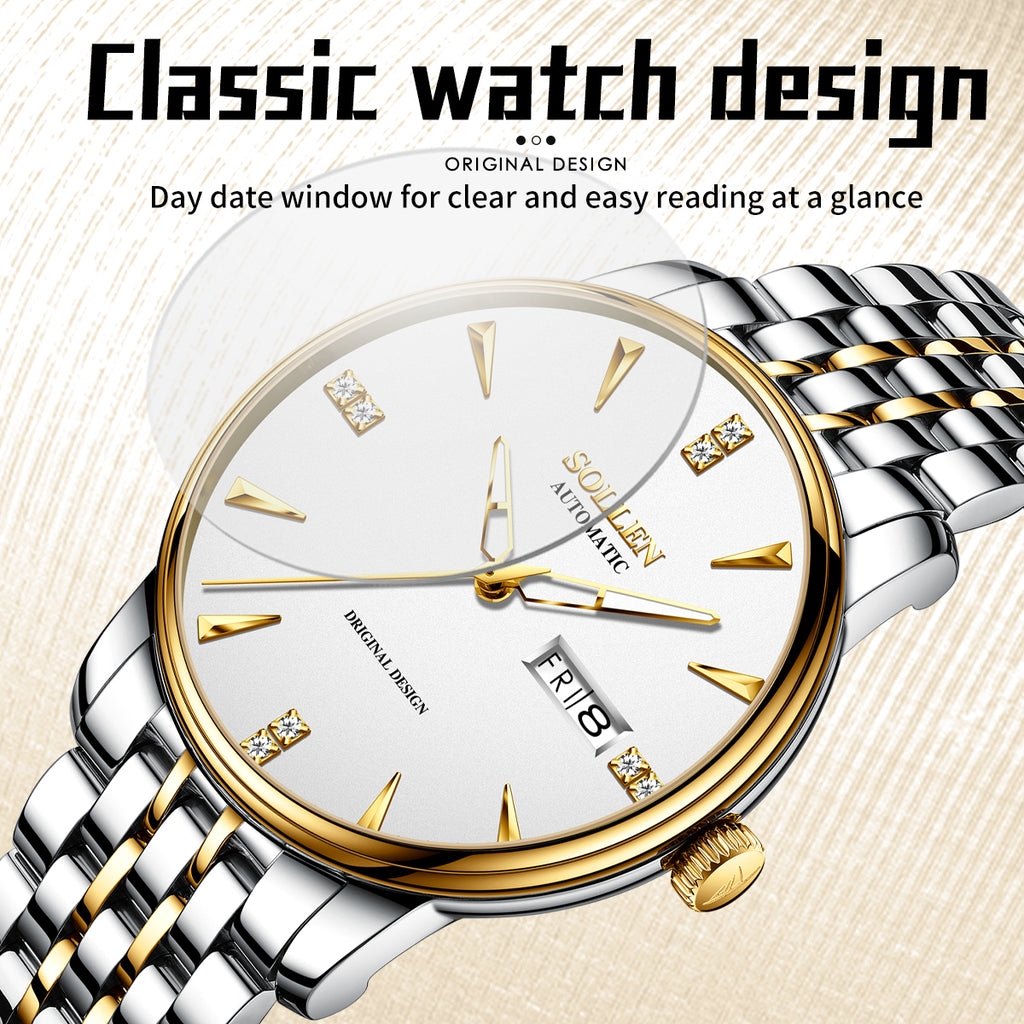Sollen 9052 Automatic Watch - Men's Dress 8 Crystal Accent 8 Faceted Marker 7-Bead Stainless Steel Bracelet Wristwatch