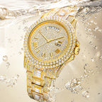KDW KDW2386 Live Edition Men's Luxury Iced-Out Quartz Watch - 43mm Full Crystal Bezel & Bracelet Arc 12H Day 3H Date Roman Numeral Dial Metal Wristwatch