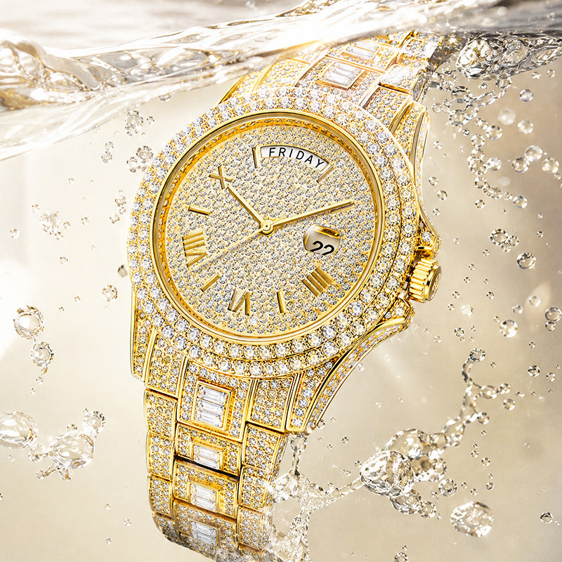 KDW KDW2386 Live Edition Men's Luxury Iced-Out Quartz Watch - 43mm Full Crystal Bezel & Bracelet Arc 12H Day 3H Date Roman Numeral Dial Metal Wristwatch