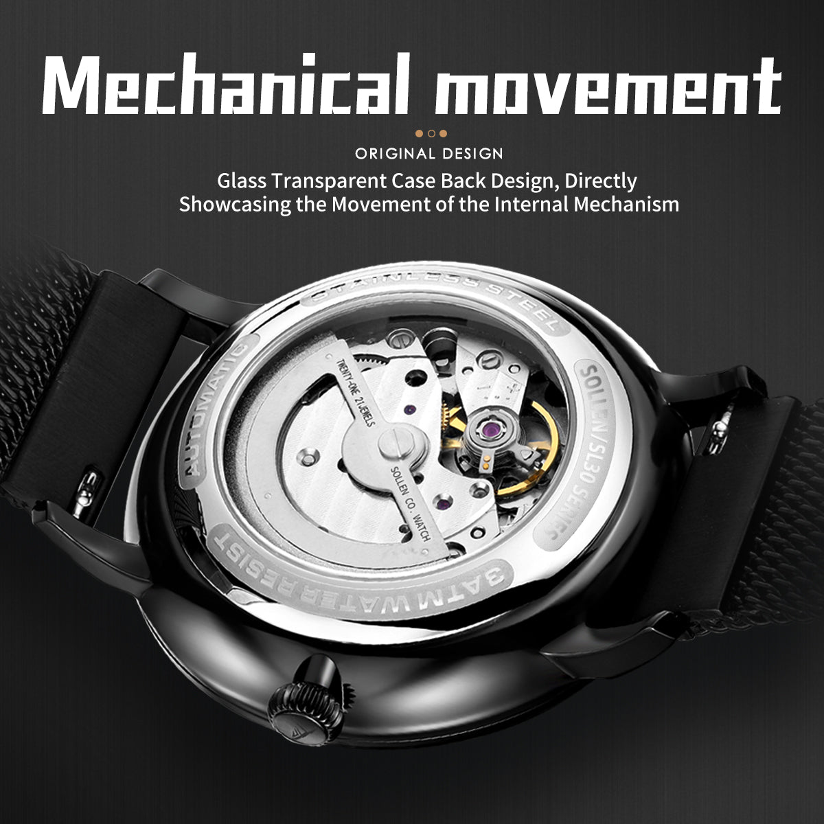 Sollen SL309 Men's Minimalist Automatic Mechanical Watch - 42mm Stainless Steel Case Slim 9.9mm Small Seconds Date Window Mesh Bracelet Wristwatch