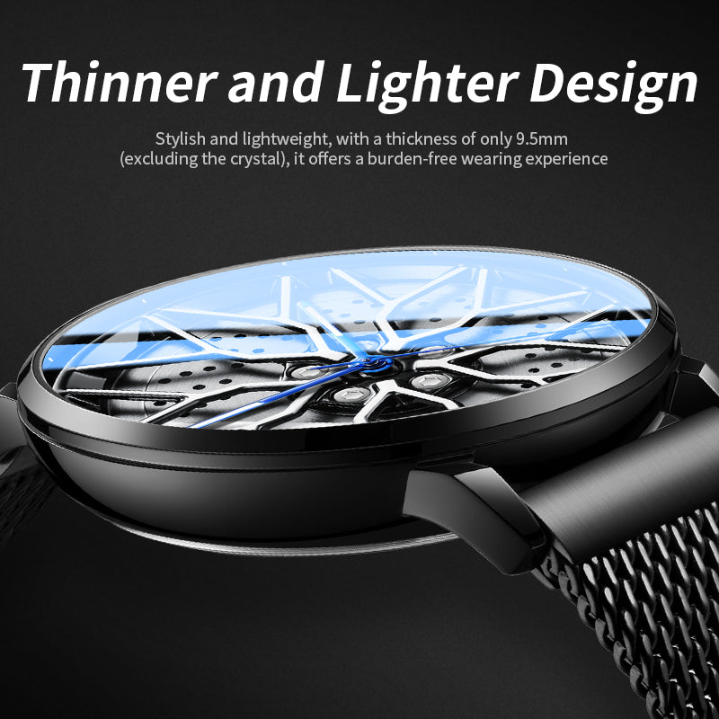 Sollen SL358 Men's 3D Rotating Wheel Rim Quartz Watch - 42.5mm Stainless Steel Case Racing Car Caliper Dial Mesh Bracelet Wristwatch