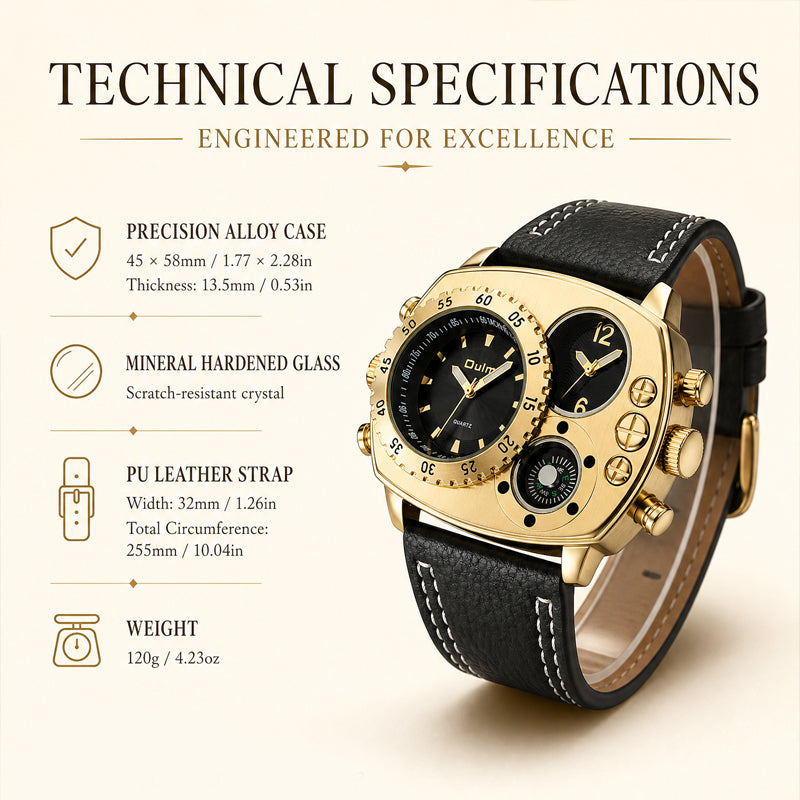 Oulm HP9865 Live Edition Men's Tactical Watch - Cyberpunk Multi Time Zone Dual Movement Armor Case with Built-in Compass Wide Strap Sport Wristwatch