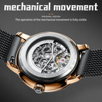 Sollen SL202 Men's Full Skeleton Automatic Mechanical Watch - 42mm Stainless Steel Case Frosted Open Dial Luminous Hands Wristwatch