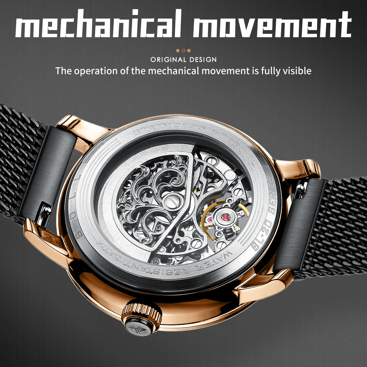 Sollen SL202 Men's Full Skeleton Automatic Mechanical Watch - 42mm Stainless Steel Case Frosted Open Dial Luminous Hands Wristwatch
