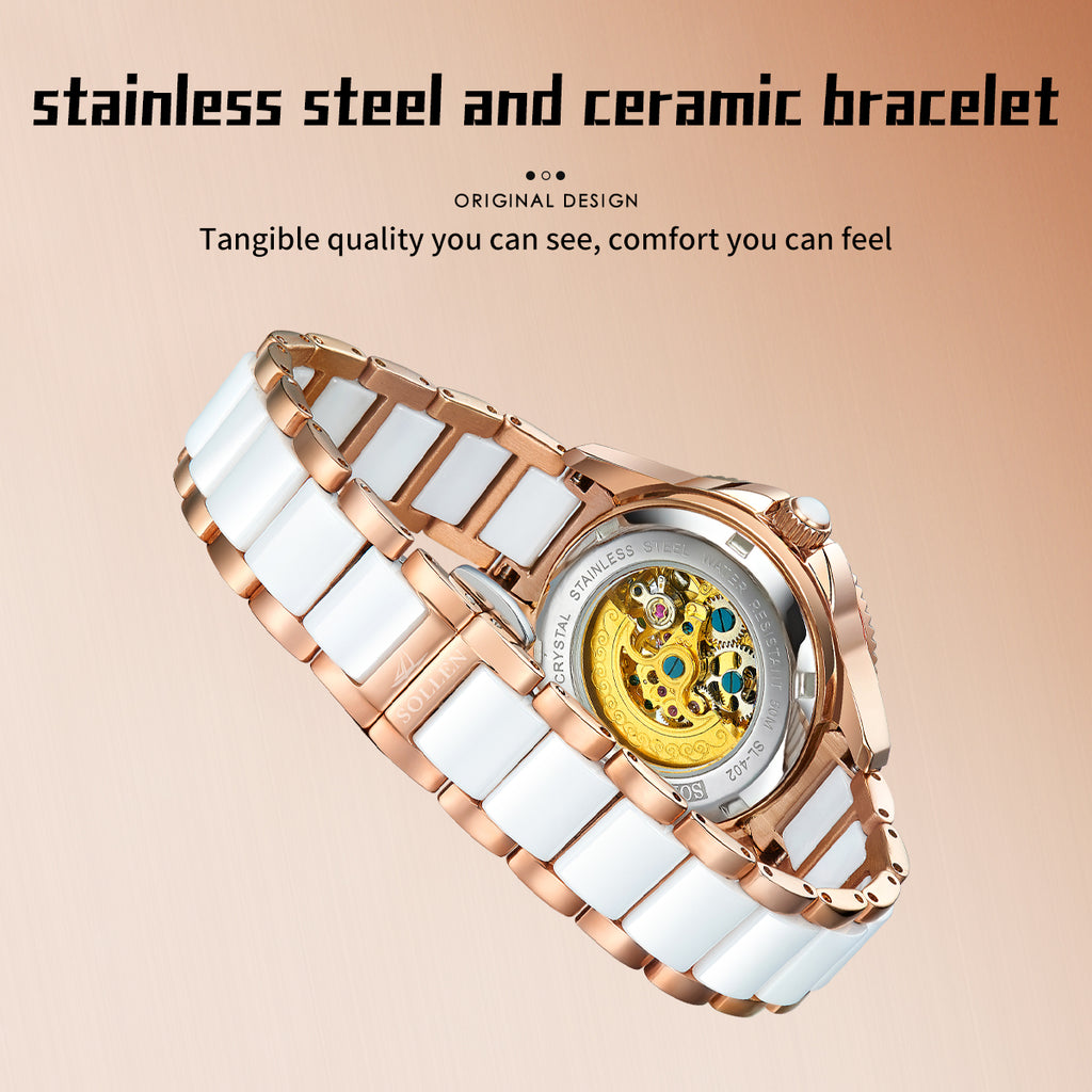 Sollen SL402 Women's Skeleton Automatic Mechanical Watch - 32.5mm Crystal Bezel Mother of Pearl Dial Ceramic Stainless Steel Bracelet Wristwatch
