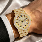 BELBI BELBL-8235 Live Edition Men's Iced Out Watch - Luxury Full Crystals Encrusted Round Case Gold Dial Date Window Stainless Steel Band Hiphop Wristwatch