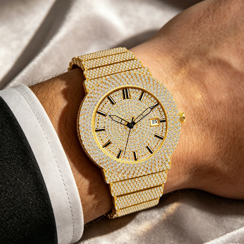 BELBI BELBL-8235 Live Edition Men's Iced Out Watch - Luxury Full Crystals Encrusted Round Case Gold Dial Date Window Stainless Steel Band Hiphop Wristwatch