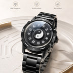 LONGBO LB83899 Quartz Watch - Live Edition Men's Tech 44mm Black Case No-Glass Magnetic Rolling Ball Pointerless Chinese Tai Chi Twelve Earthly Branches Theme Steel Link Bracelet Wristwatch