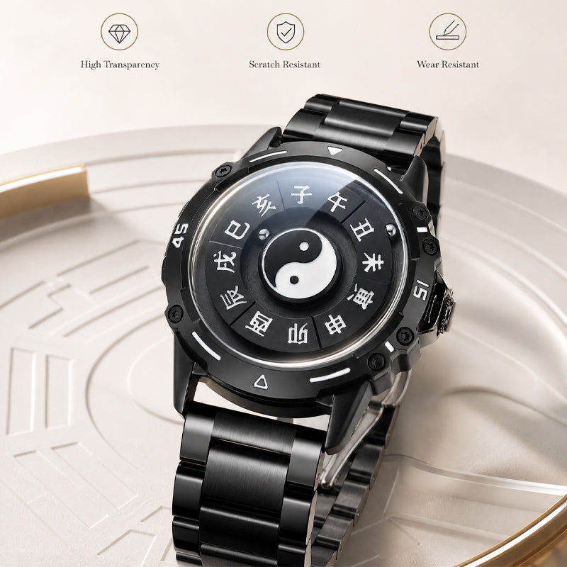 LONGBO LB83899 Quartz Watch - Live Edition Men's Tech 44mm Black Case No-Glass Magnetic Rolling Ball Pointerless Chinese Tai Chi Twelve Earthly Branches Theme Steel Link Bracelet Wristwatch