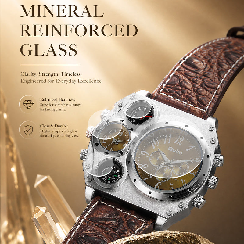 Oulm HP1349 Quartz Watch - Live Edition Men's Heavy Steampunk Dual Time Zone Industrial Matte Case Luminous Hands Compass Wide Leather Strap Tactical Wristwatch