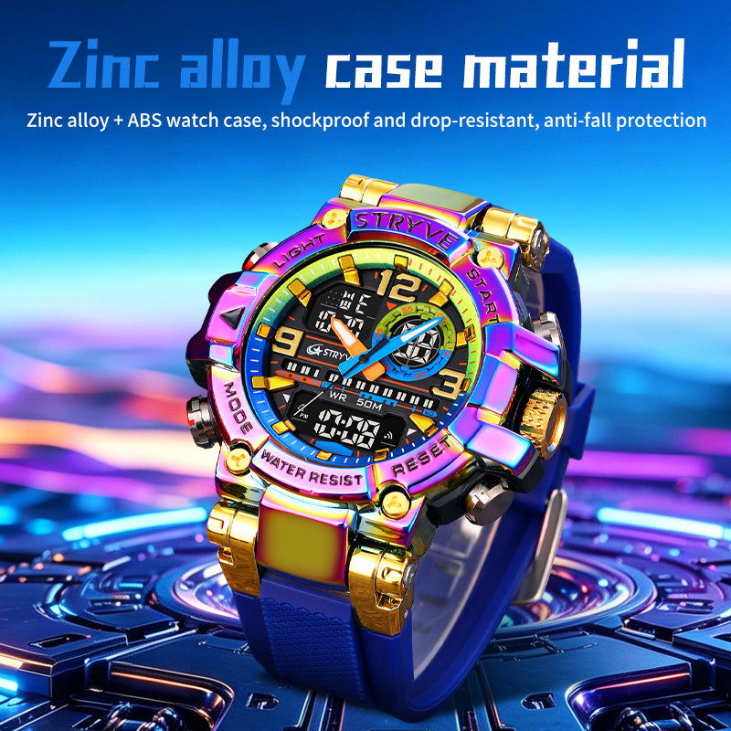 STRYVE S8025 Live Edition Men's Tactical Watch - Cyberpunk Oversized 55mm Armor Case Ana-Digi Dual Time Alarm Chronograph Sport TPU Strap Wristwatch