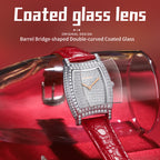 Sollen SL430 Women's Tonneau Quartz Watch - 28x32mm Full Pave Crystal Dial Iced Out Leather Strap Wristwatch