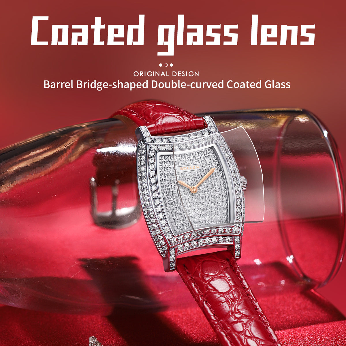 Sollen SL430 Women's Tonneau Quartz Watch - 28x32mm Full Pave Crystal Dial Iced Out Leather Strap Wristwatch