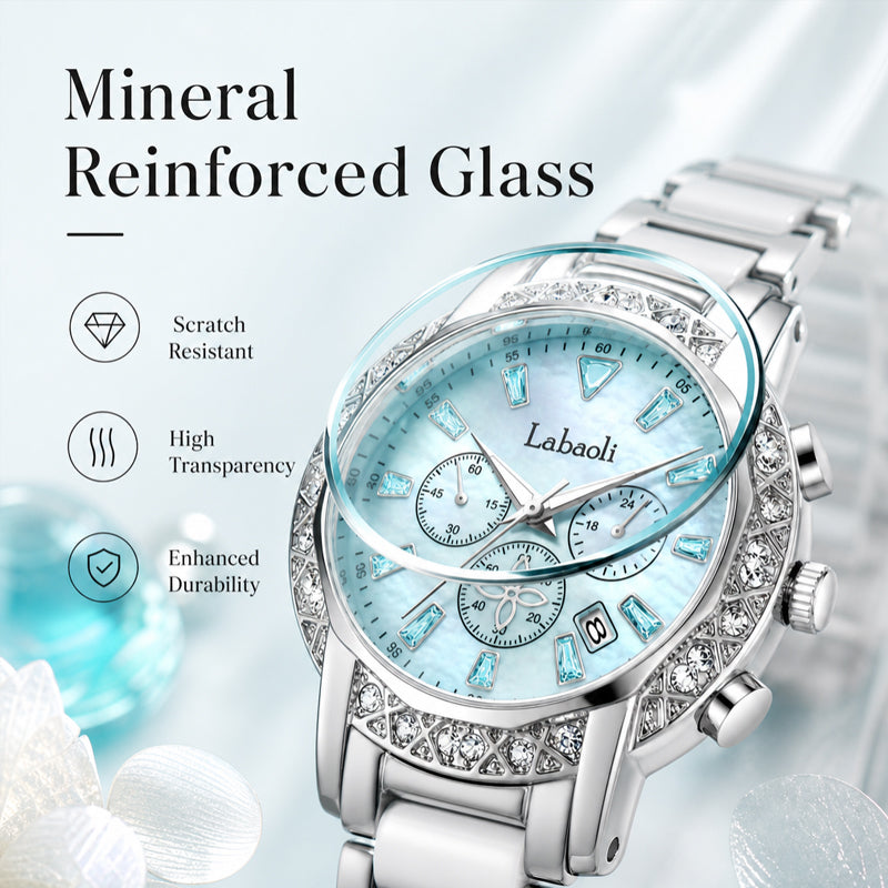 Labaoli LA559 Quartz Watch - Live Edition Women's Luxury 37mm Crystal-Encrusted Bezel Diamond-Cut Lens Chronograph Style Dial Slanted Date Two-Tone Link Bracelet Wristwatch