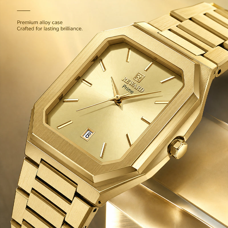 REWARD RD 613151M Quartz Watch - Live Edition Men's Retro Square Case Full IPG Gold Stainless Steel Band Ultra-Slim 8.5mm Body Luminous Hands 6H Date Sunburst Dial Wristwatch