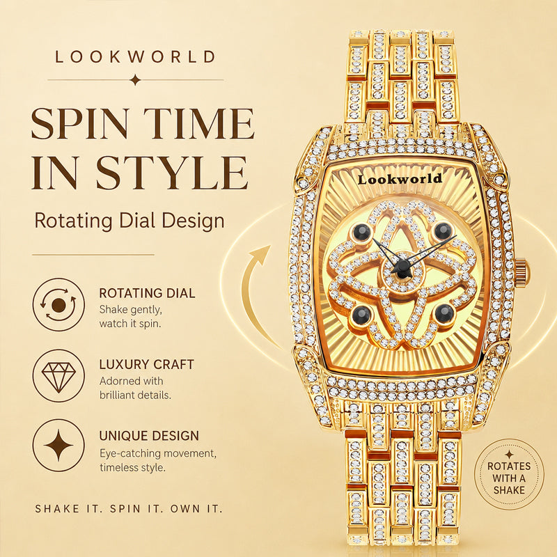 LOOK WORLD RKS1032 Live Edition Men's Iced Out Watch - Luxury Full Crystals Encrusted Tonneau Case Creative Spinning Kinetic Dial Metal Band Hiphop Wristwatch