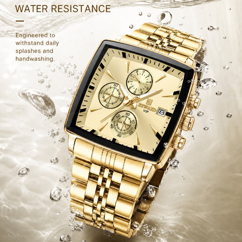 REWARD RD 81100M Quartz Watch - Live Edition Men's Luxury Rectangular Cushion Case Full Chronograph Luminous Hands Date Window Stainless Steel Band Wristwatch