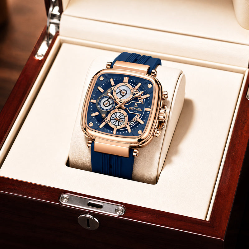 REWARD RD 831509M Quartz Watch - Live Edition Men's Luxury Cushion Case Full Chronograph Luminous Hands Date Window Sport Silicone Strap Wristwatch