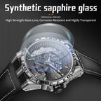 Sollen SL357 Men's Skeleton Automatic Mechanical Watch - 43mm 316L Stainless Steel Case Sapphire Crystal Multi-Layer Dial Leather-Pattern Silicone Strap Wristwatch