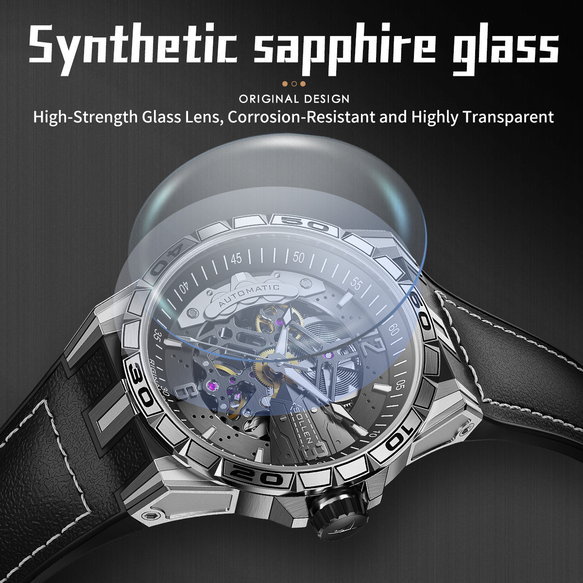 Sollen SL357 Men's Skeleton Automatic Mechanical Watch - 43mm 316L Stainless Steel Case Sapphire Crystal Multi-Layer Dial Leather-Pattern Silicone Strap Wristwatch
